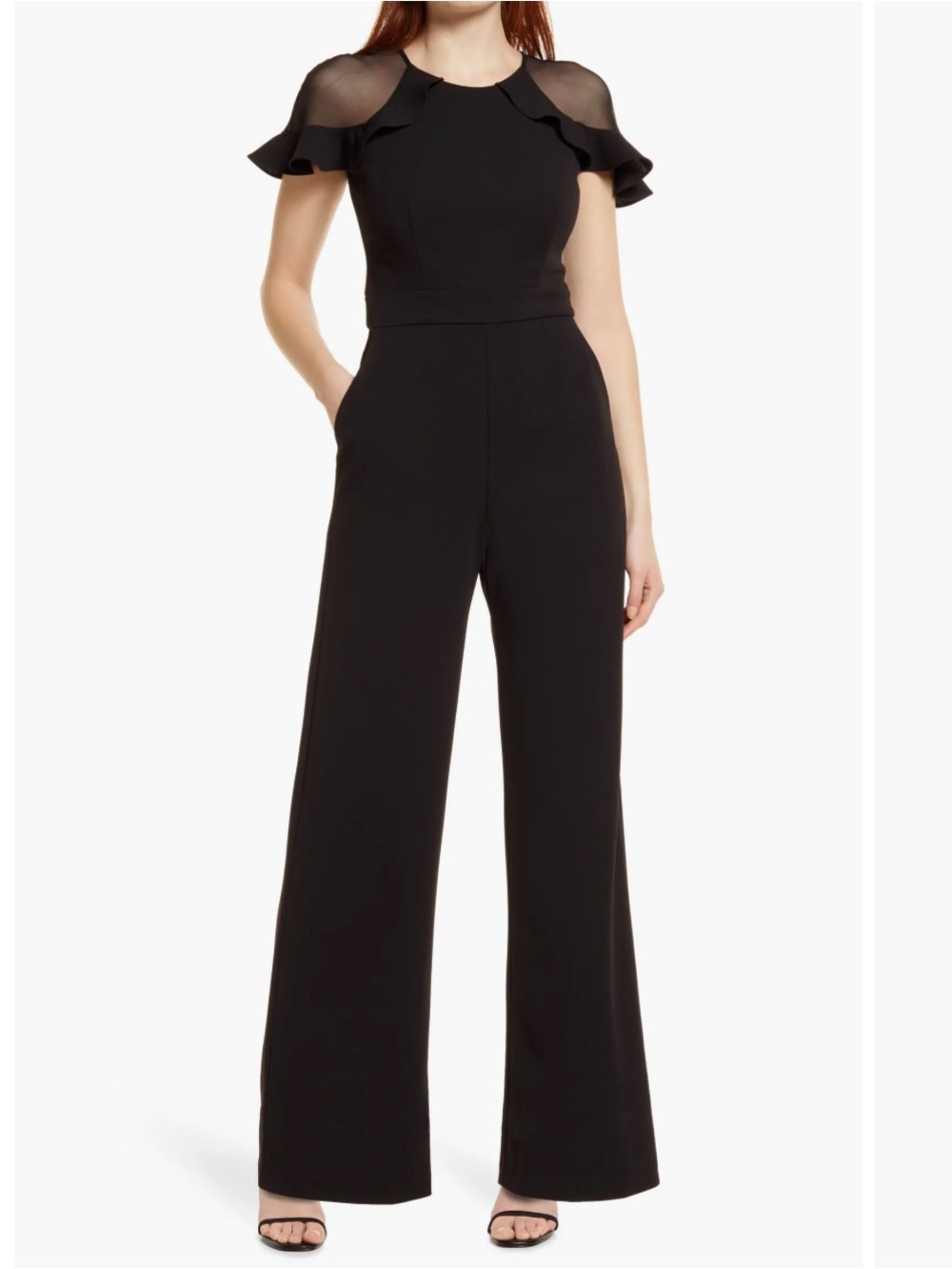 ELIZA J Illusion Ruffle Shoulder Jumpsuit 16 Black Wide Leg